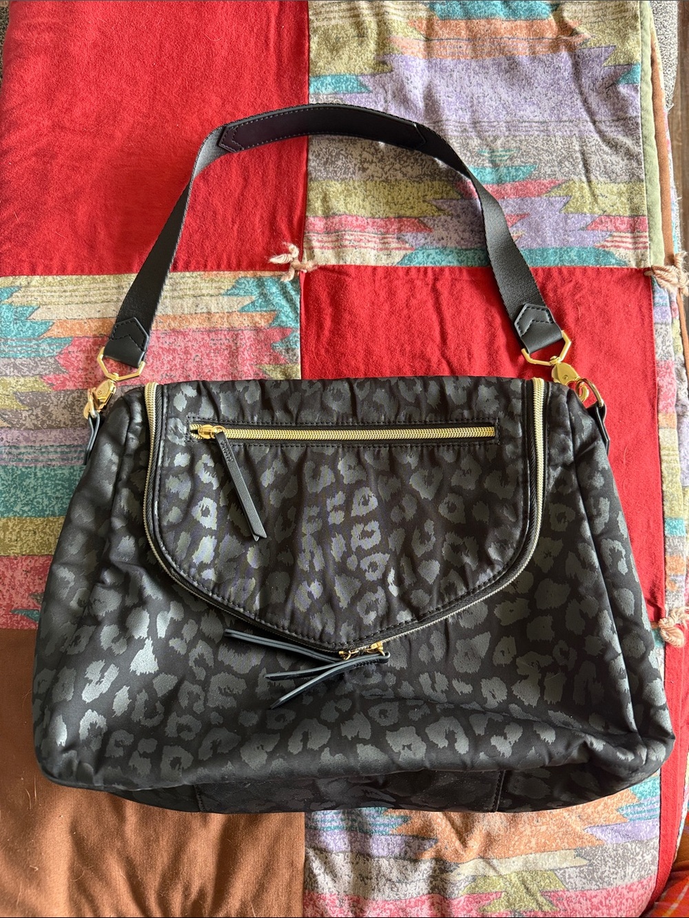 Stella & Dot Black Leopard-Print Shoulder Bag with Gold Hardware